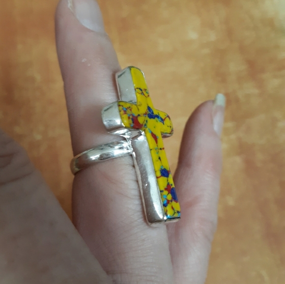 New Mosaic Balloon Jasper 925 Silver Cross Ring. - Picture 4 of 8